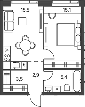 Планировка — Moments, 2-комн., 42 м²