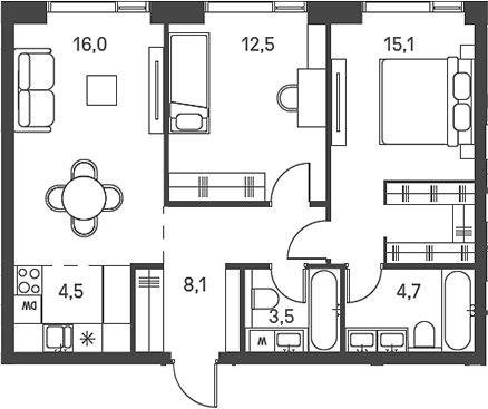 Планировка — Moments, 3-комн., 64 м²