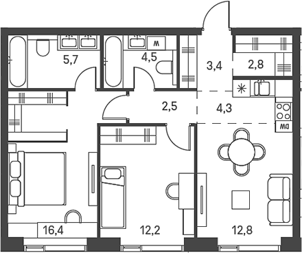 Планировка — Moments, 3-комн., 65 м²