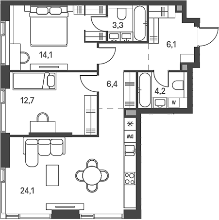 Планировка — Moments, 3-комн., 71 м²