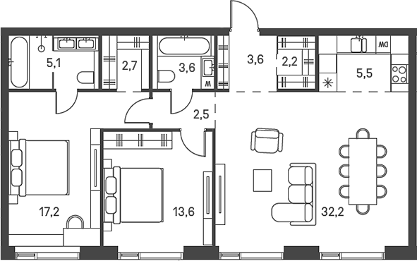 Планировка — Moments, 3-комн., 88 м²