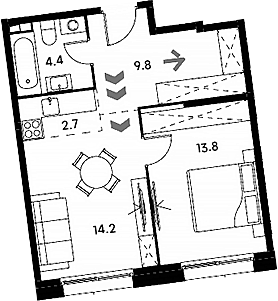 Планировка — Аквилон Сигнал, 2-комн., 45 м²