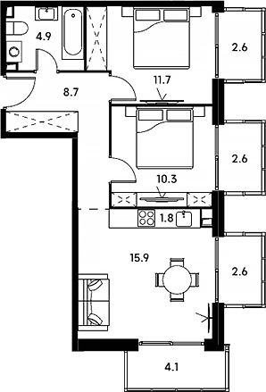 Планировка — Аквилон Сигнал, 3-комн., 53 м²