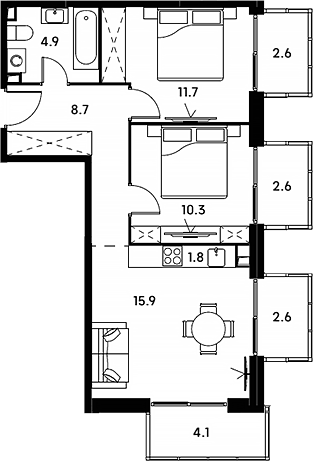 Планировка — Аквилон Сигнал, 3-комн., 53 м²