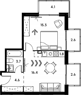 Планировка — Аквилон Сигнал, 2-комн., 42 м²
