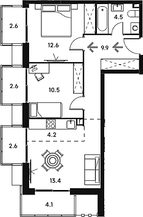 Планировка — Аквилон Сигнал, 3-комн., 55 м²