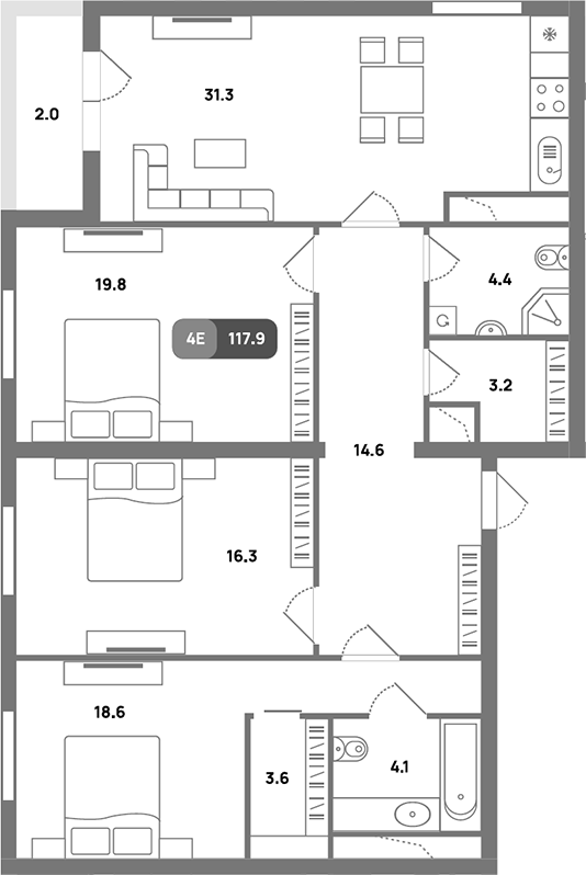 Планировка — Проспект 39, 4-комн., 116 м²