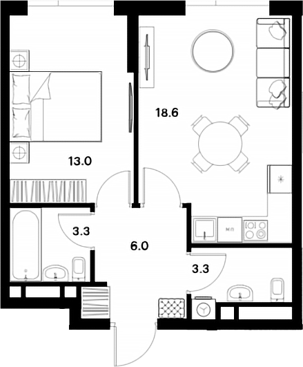 Планировка — ALIA, 2-комн., 44 м²