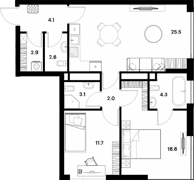Планировка — ALIA, 3-комн., 73 м²