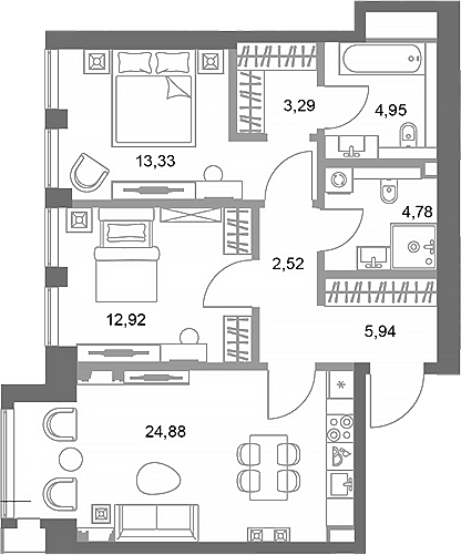 Планировка — ФАЙВ ТАУЭРС, 2-комн., 73 м²