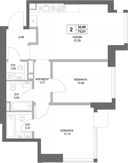 Планировка — ФАЙВ ТАУЭРС, 2-комн., 76 м²