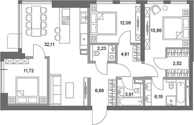 Планировка — ФАЙВ ТАУЭРС, 3-комн., 99 м²