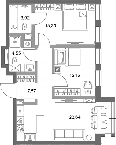 Планировка — ФАЙВ ТАУЭРС, 2-комн., 65 м²