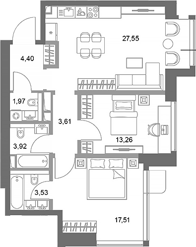 Планировка — ФАЙВ ТАУЭРС, 2-комн., 76 м²