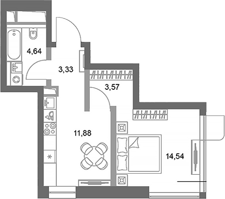 Планировка — ФАЙВ ТАУЭРС, 1-комн., 38 м²