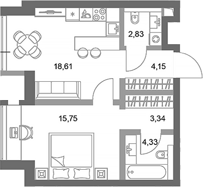 Планировка — ФАЙВ ТАУЭРС, 1-комн., 49 м²