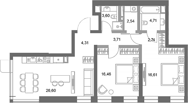 Планировка — ФАЙВ ТАУЭРС, 2-комн., 81 м²