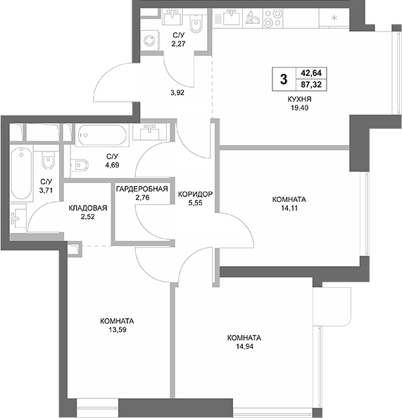 Планировка — ФАЙВ ТАУЭРС, 3-комн., 87 м²