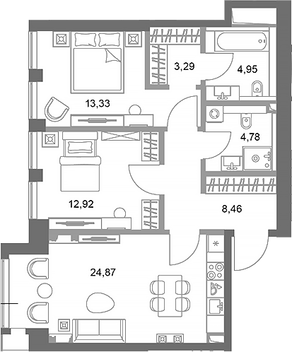 Планировка — ФАЙВ ТАУЭРС, 2-комн., 73 м²