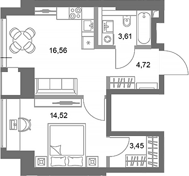 Планировка — ФАЙВ ТАУЭРС, 1-комн., 43 м²