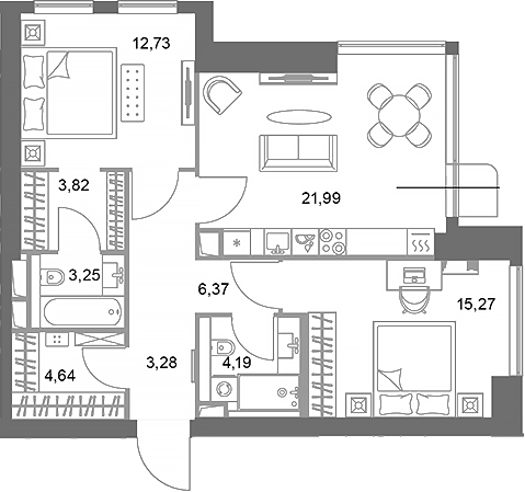 Планировка — ФАЙВ ТАУЭРС, 2-комн., 76 м²