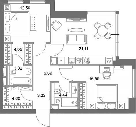 Планировка — ФАЙВ ТАУЭРС, 2-комн., 77 м²