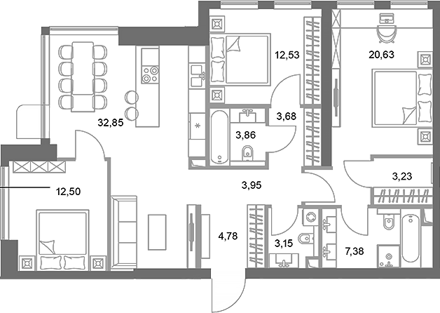 Планировка — ФАЙВ ТАУЭРС, 3-комн., 109 м²