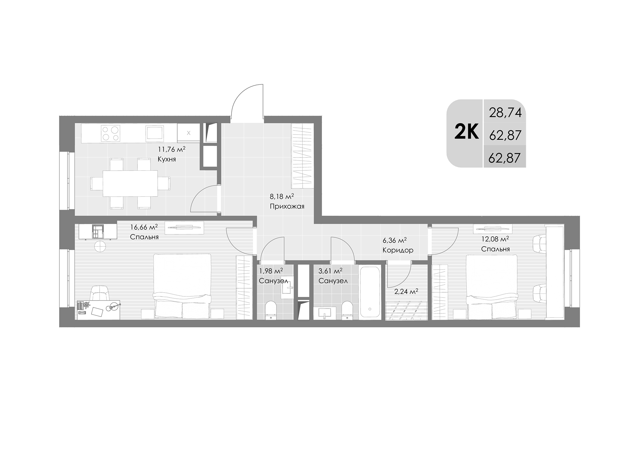 Планировка — Дюна, 2-комн., 63 м²