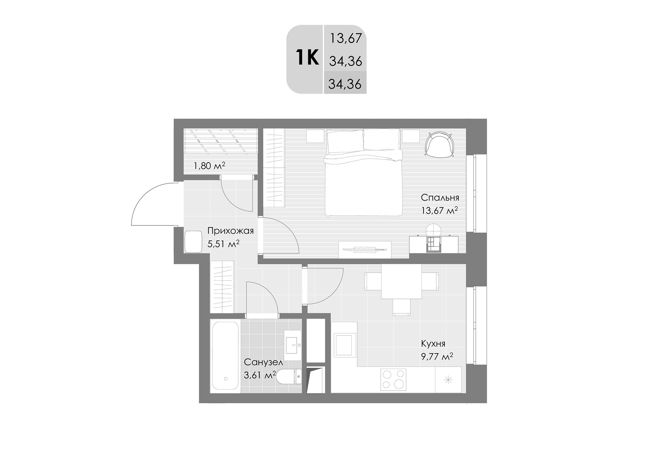 Планировка — Дюна, 1-комн., 34 м²