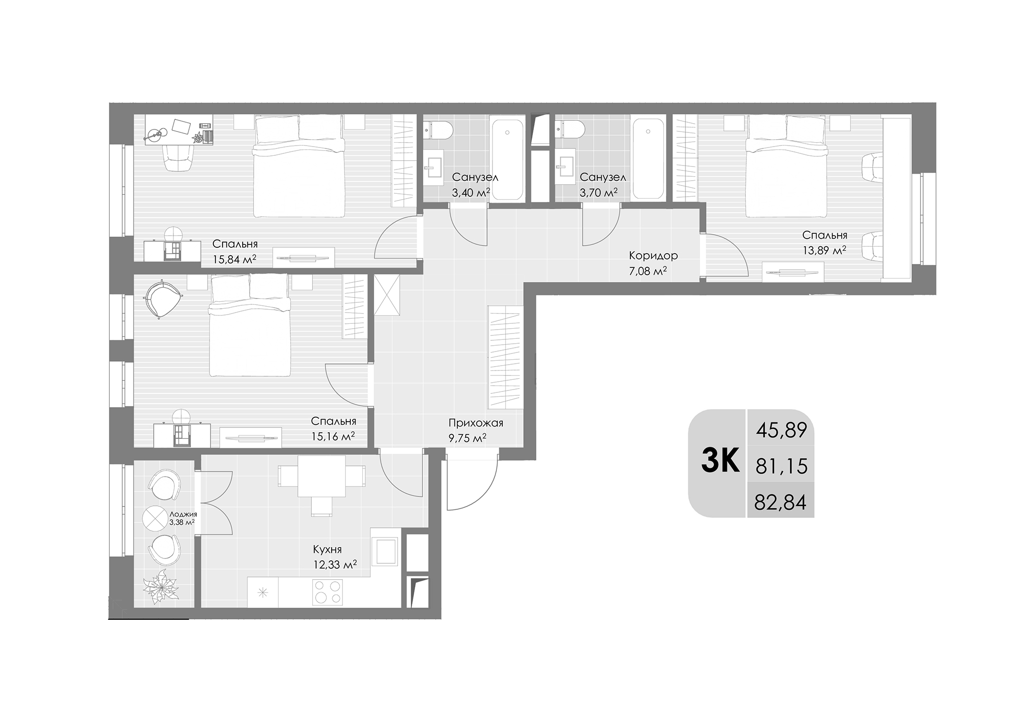 Планировка — Дюна, 3-комн., 81 м²