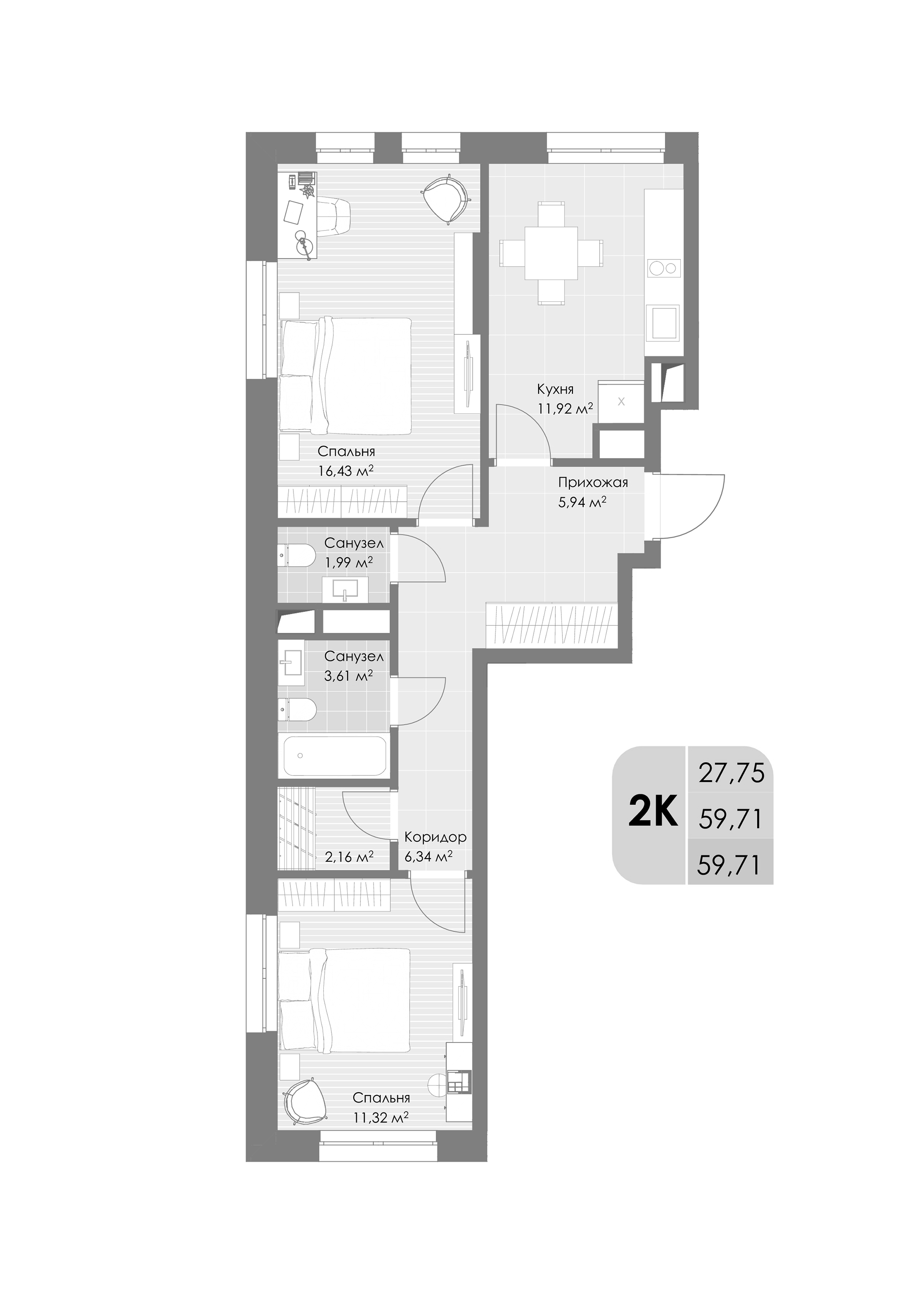Планировка — Дюна, 2-комн., 60 м²