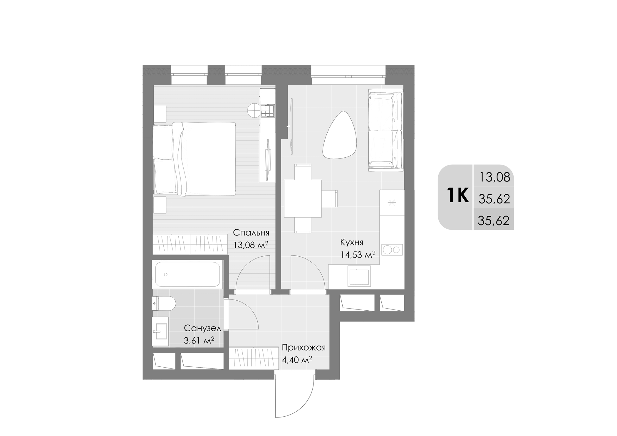 Планировка — Дюна, 1-комн., 36 м²
