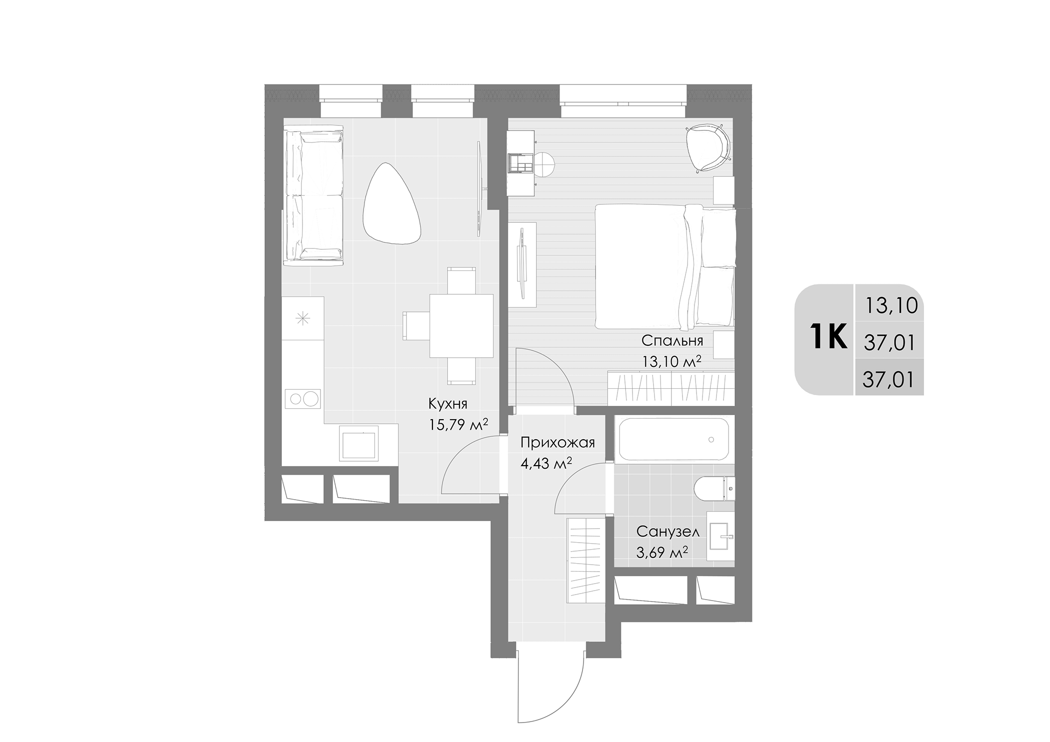 Планировка — Дюна, 1-комн., 37 м²