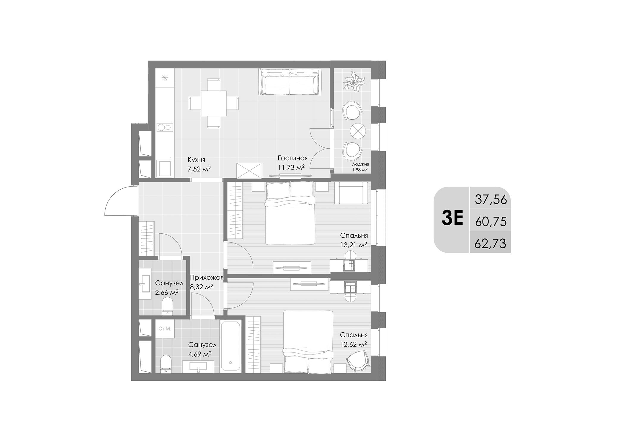 Планировка — Дюна, 3-комн., 61 м²