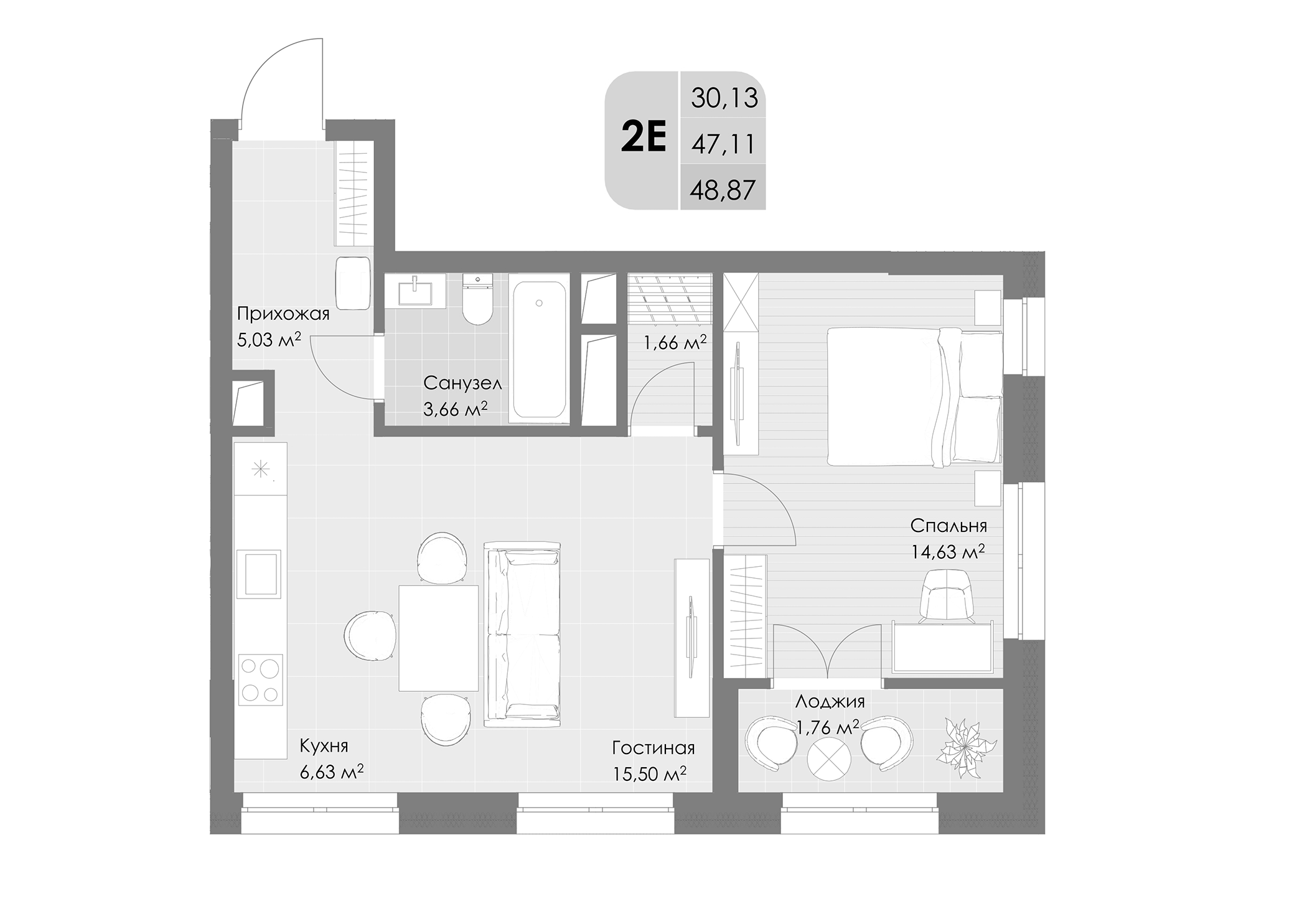 Планировка — Дюна, 2-комн., 47 м²