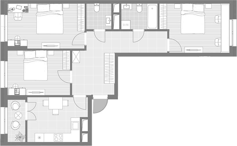 Планировка — Дюна, 3-комн., 75 м²