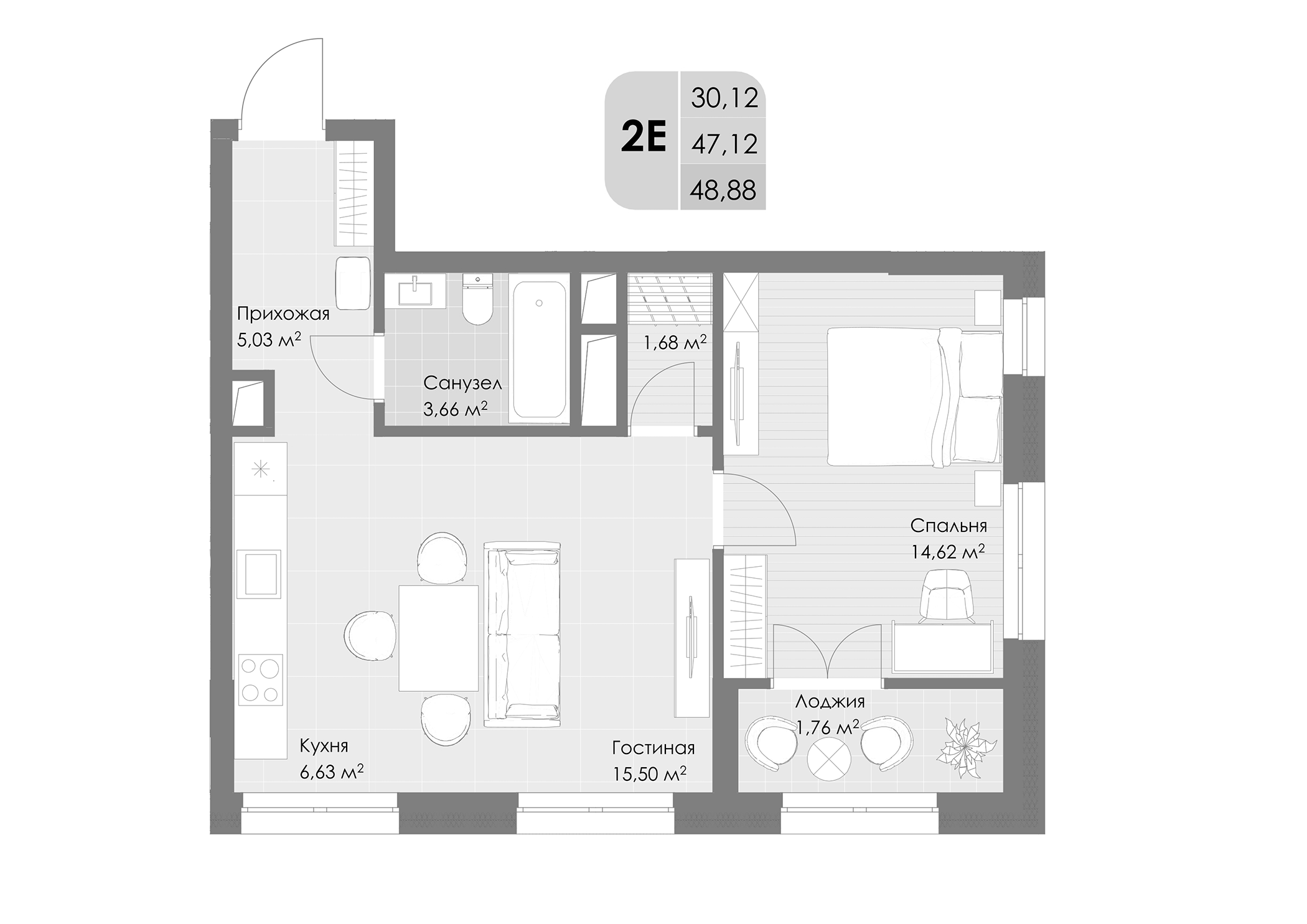 Планировка — Дюна, 2-комн., 47 м²