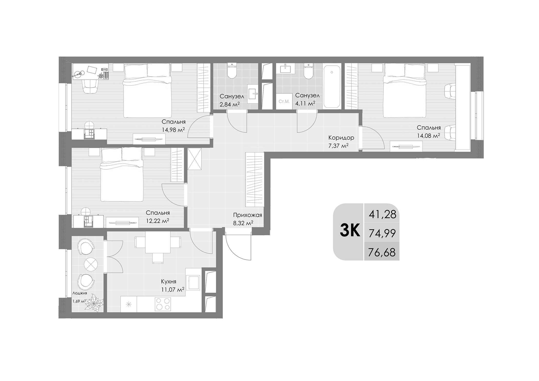 Планировка — Дюна, 3-комн., 75 м²