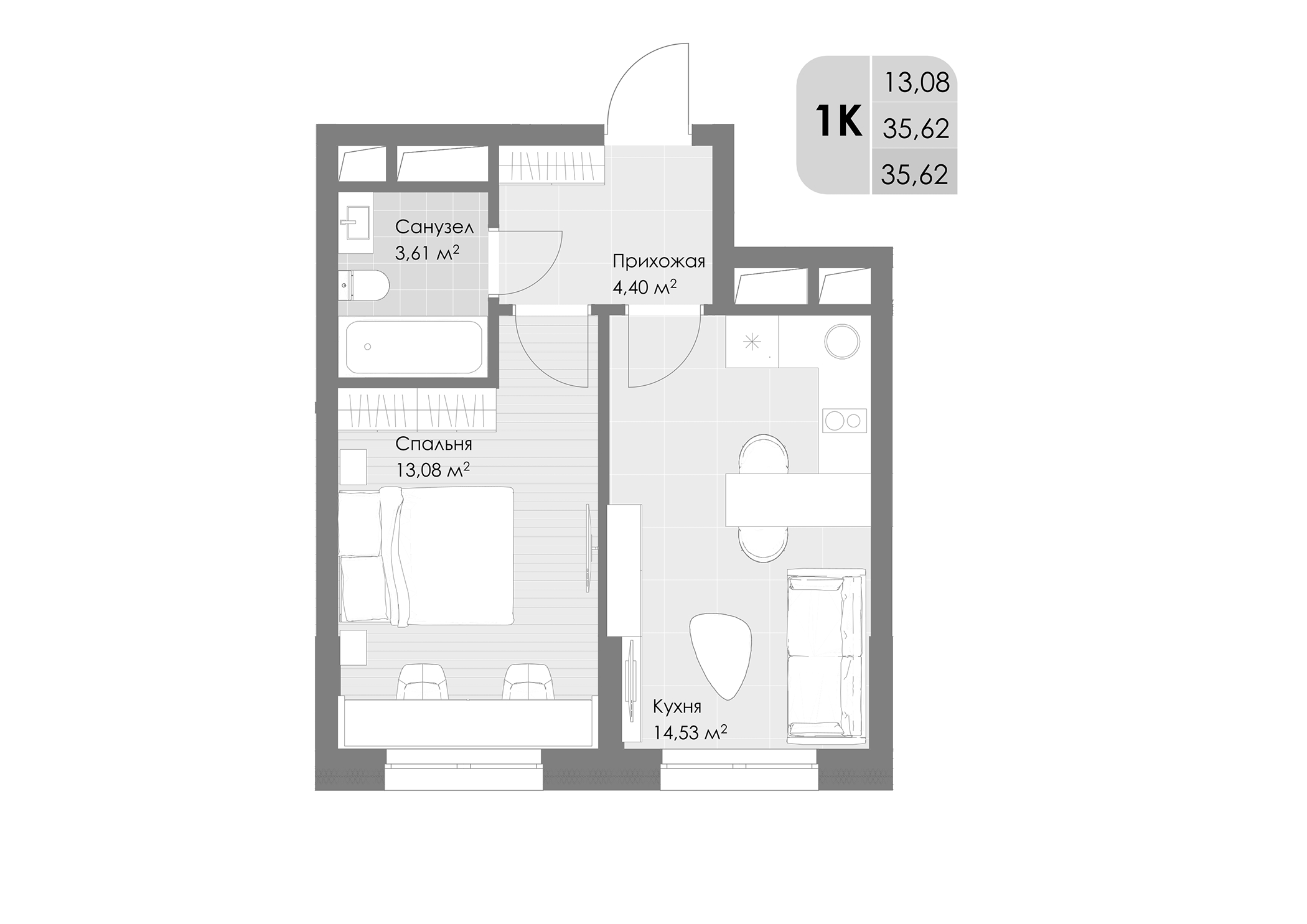 Планировка — Дюна, 1-комн., 36 м²