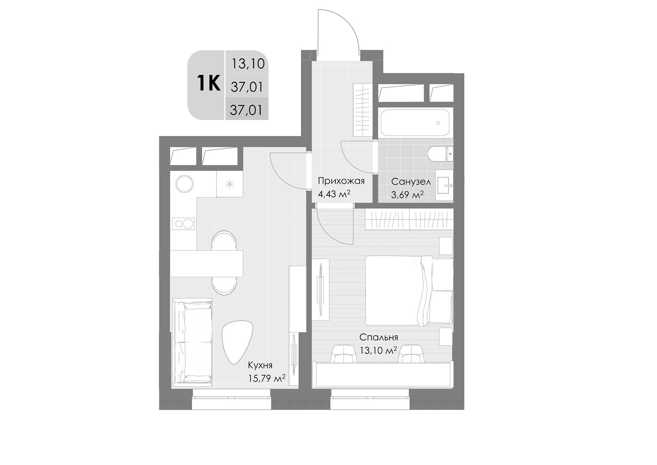 Планировка — Дюна, 1-комн., 37 м²