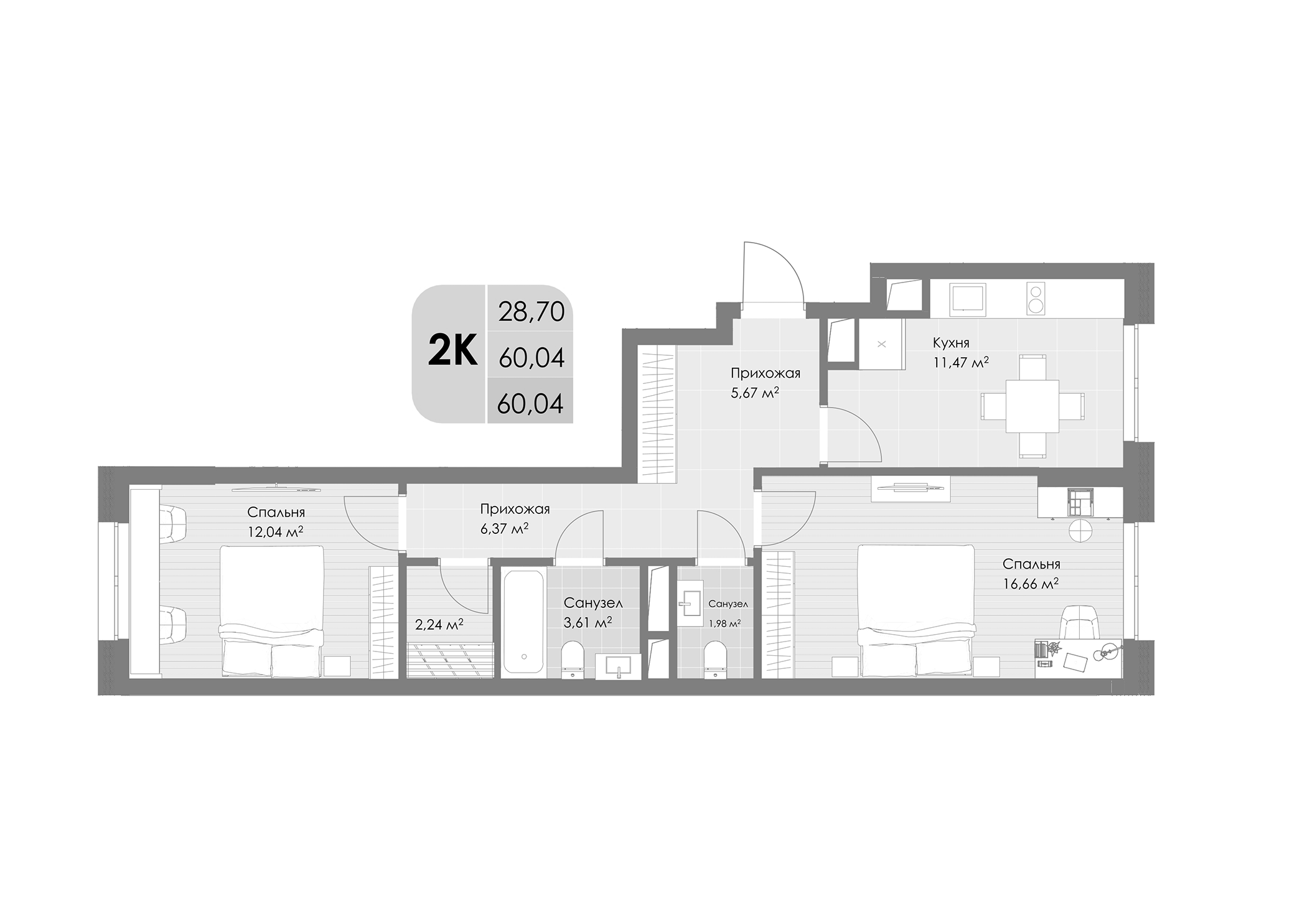 Планировка — Дюна, 2-комн., 60 м²