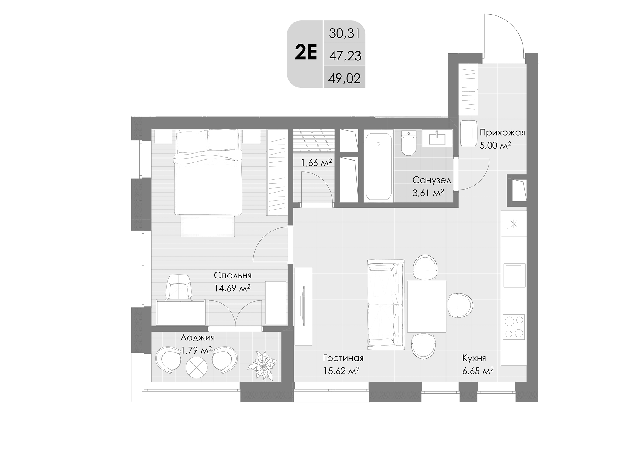 Планировка — Дюна, 2-комн., 47 м²