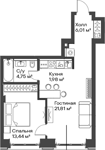 Планировка — Сити Бэй, 2-комн., 48 м²