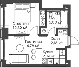 Планировка — Сити Бэй, 2-комн., 36 м²