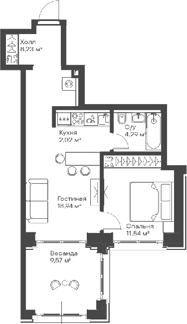 Планировка — Сити Бэй, 2-комн., 45 м²