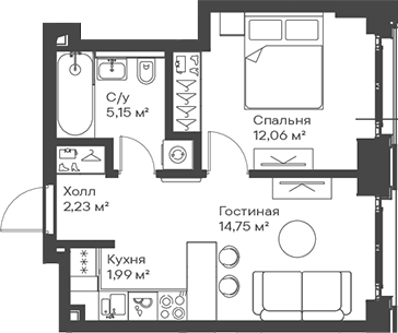 Планировка — Сити Бэй, 2-комн., 36 м²