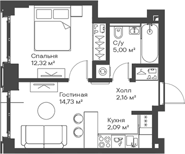 Планировка — Сити Бэй, 2-комн., 36 м²