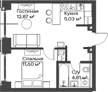 Планировка — Сити Бэй, 2-комн., 39 м²