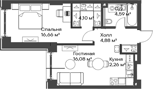 Планировка — Сити Бэй, 2-комн., 49 м²