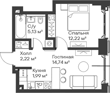 Планировка — Сити Бэй, 2-комн., 36 м²